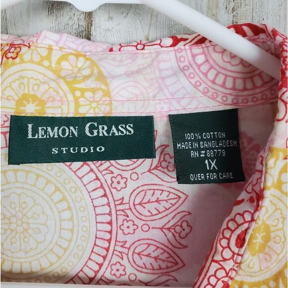 Lemon Grass Button Down Shirt Pink Red Patterned Size 1X - Picture 3 of 9